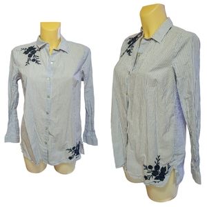 J JILL Blue & White Striped Button Down Shirt with Flower Embroidery